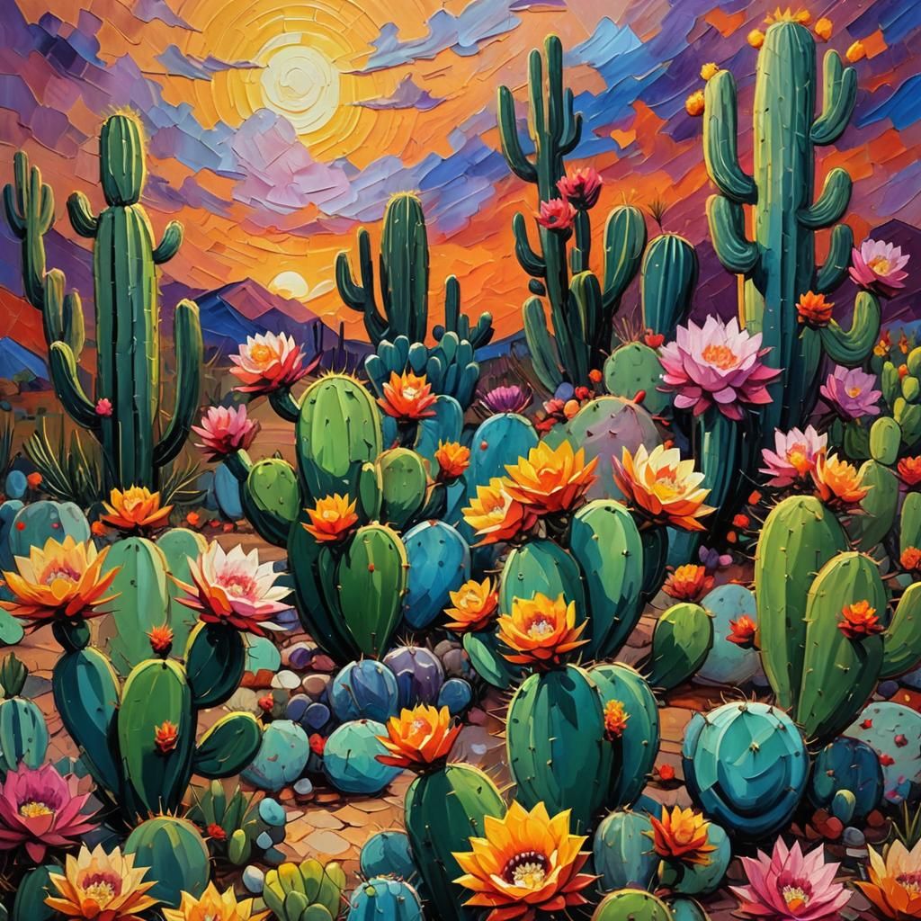 Cacti, Sunset, Flowers, and Storm in Impressionistic Style