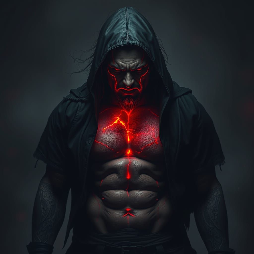 Intense Figure with Glowing Veins in Dramatic Scene