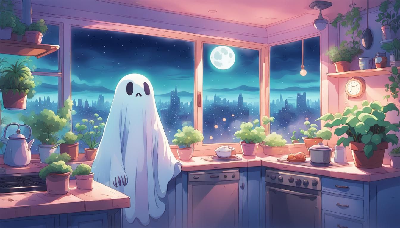 Cute Ghost in Kitchen, Anime Style with City View