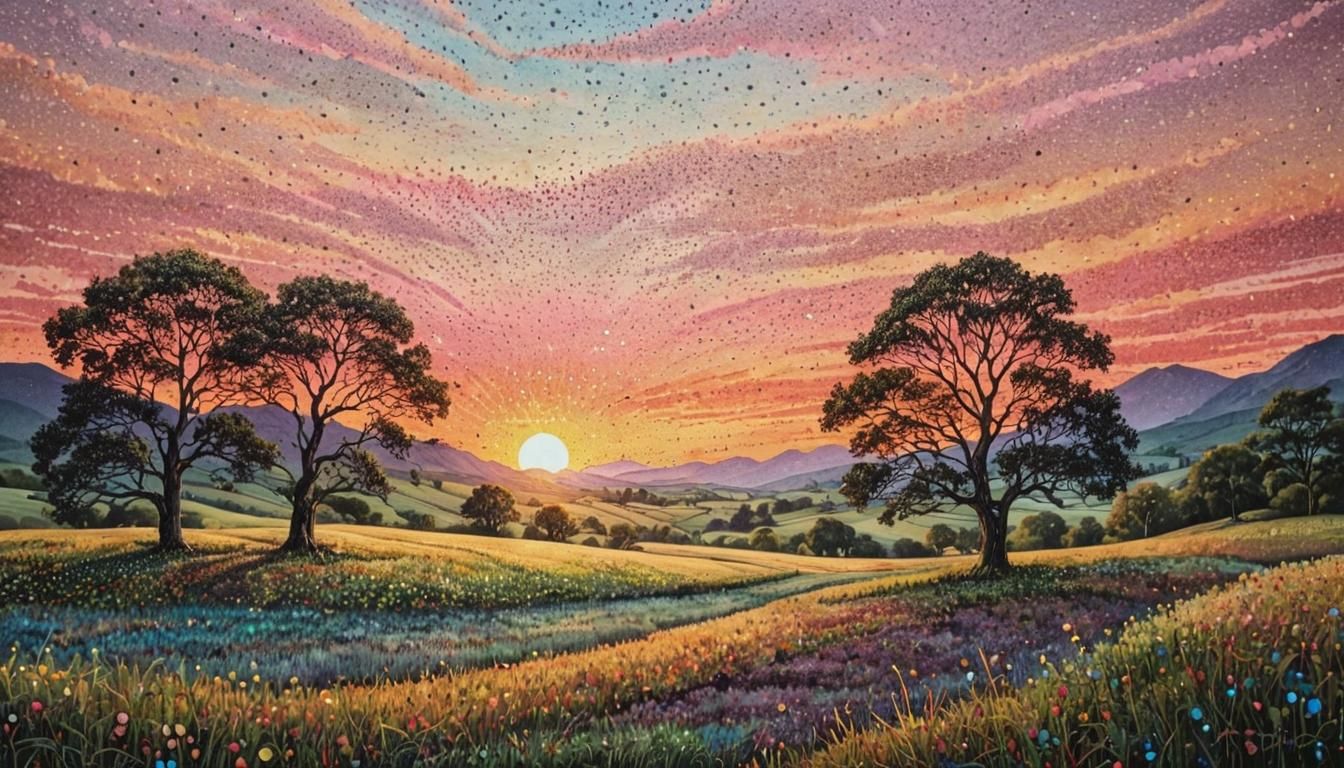 A stippling alcohol inked landscape made of colored dots, ca...