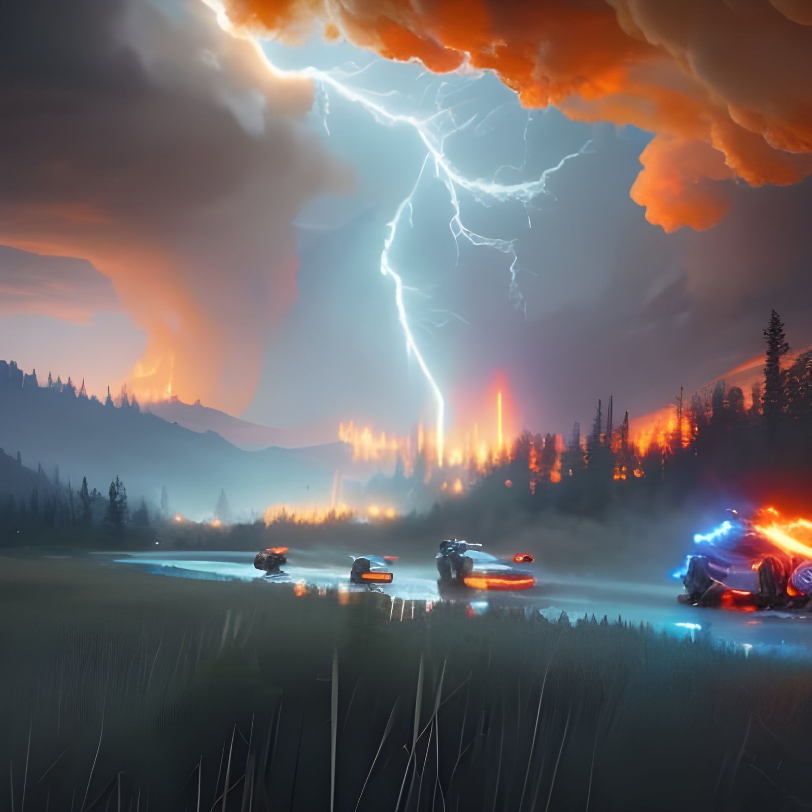 Lightning and Wildfire Concept Art in Orange and Teal