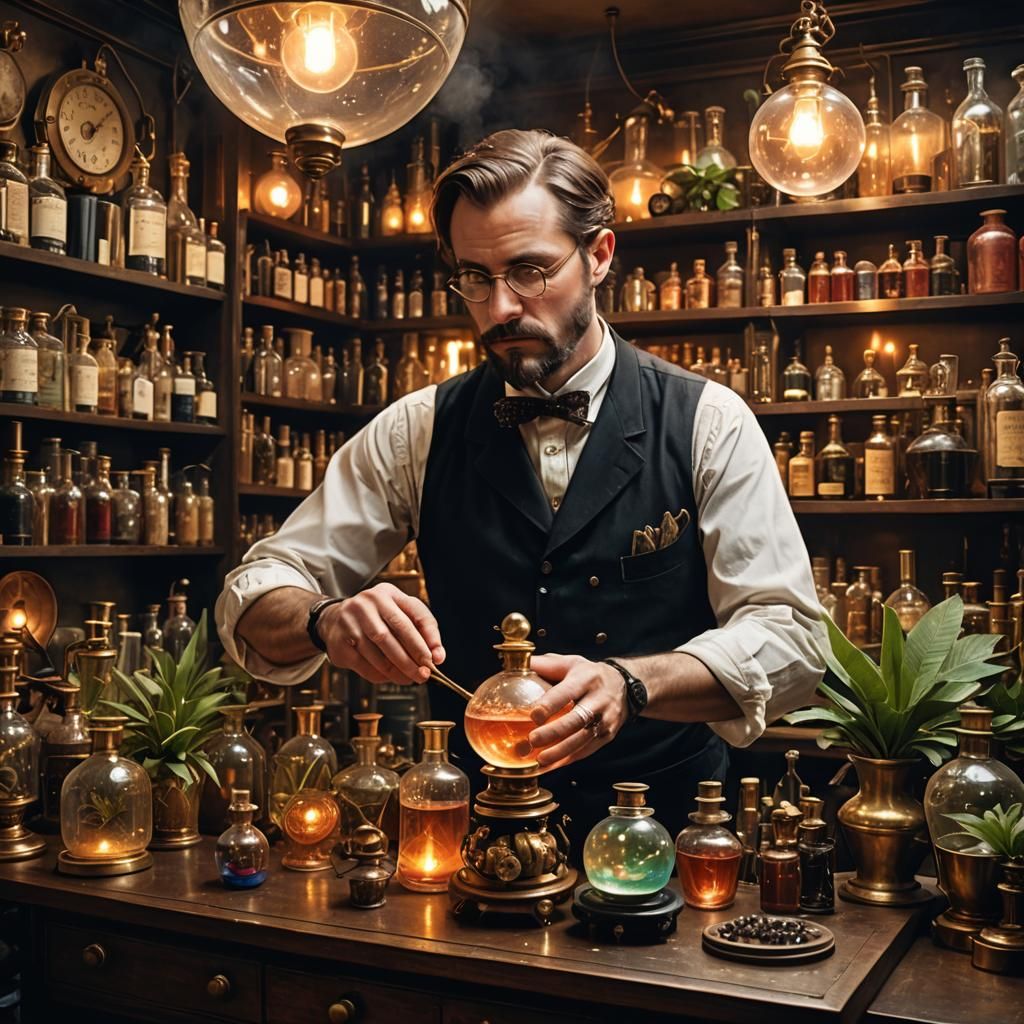 Steampunk Perfumer in Twilight Laboratory, Art Deco Style