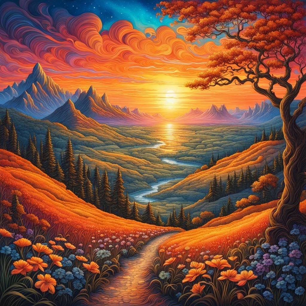 Colorful Fantasy Sunset Landscape in Watercolor Style