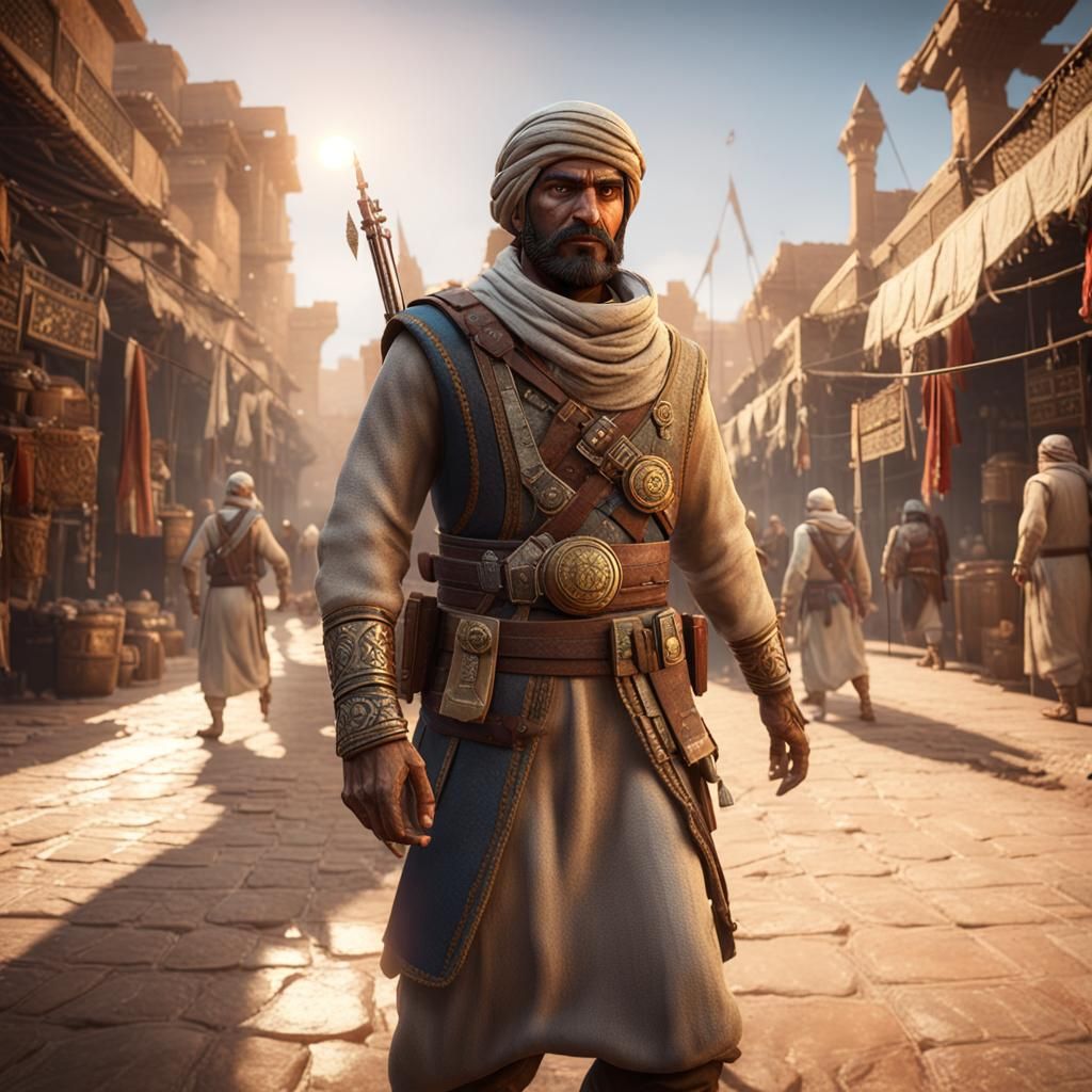 Ancient Arabian Soldier in a Bustling Bazaar