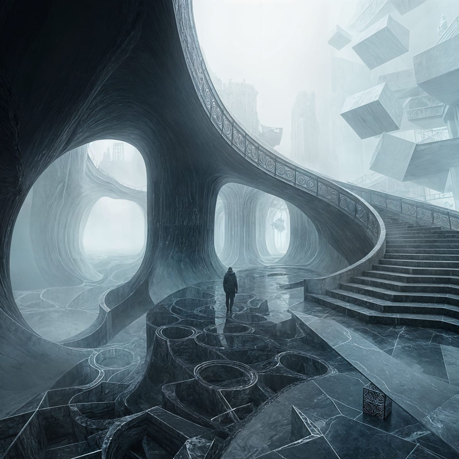 Eerie Silver Mist Expanse with Black Marble Pathways