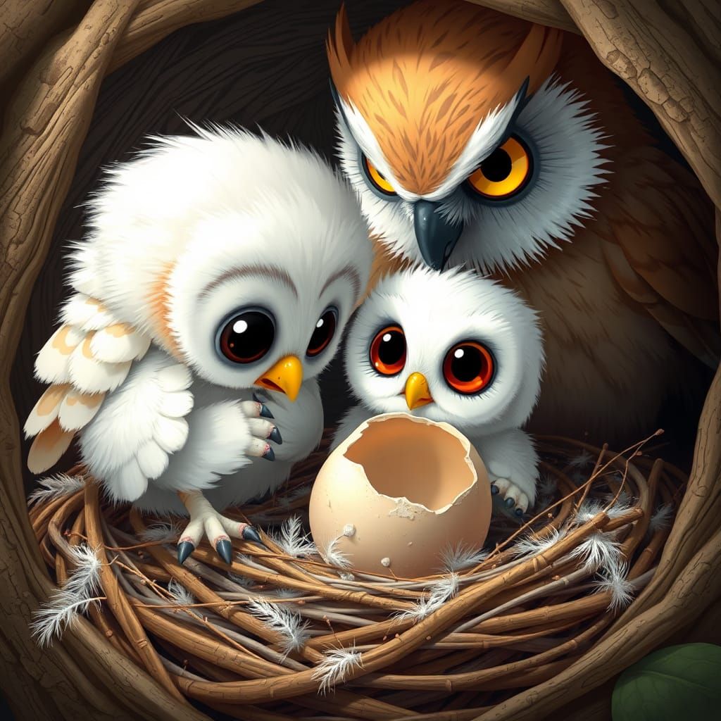 Adorable Owlet and Mother in Whimsical Nest