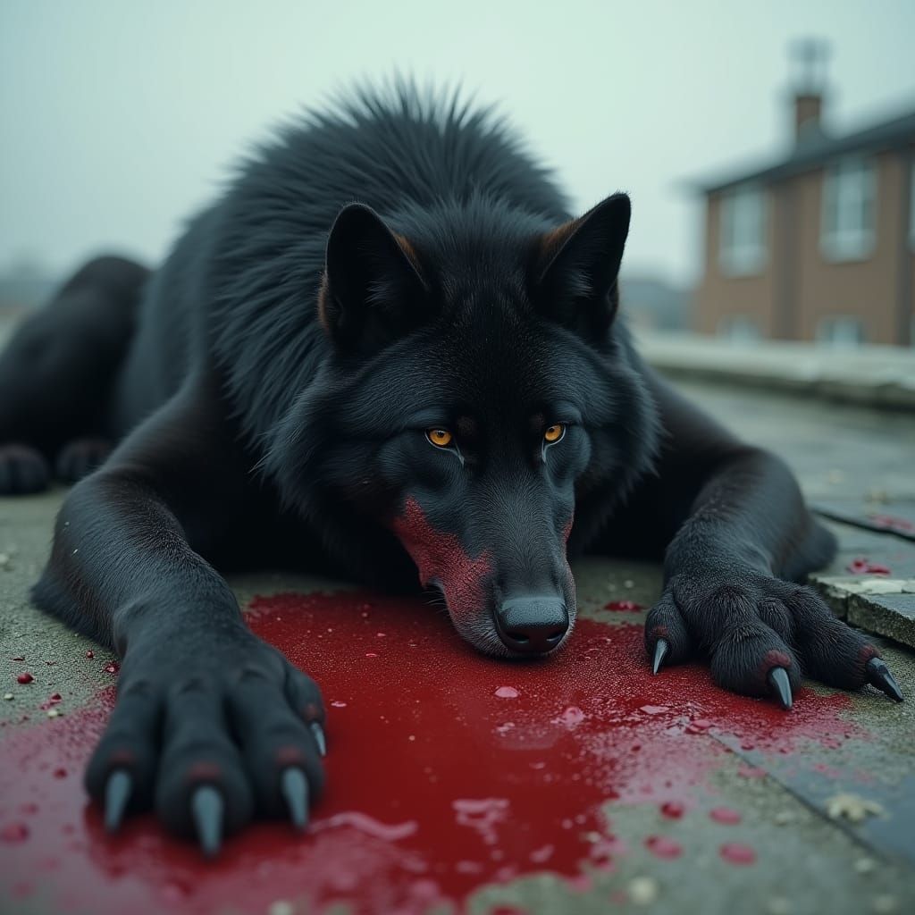 Hyper Realistic Wolf-Man at Crime Scene on Rooftop