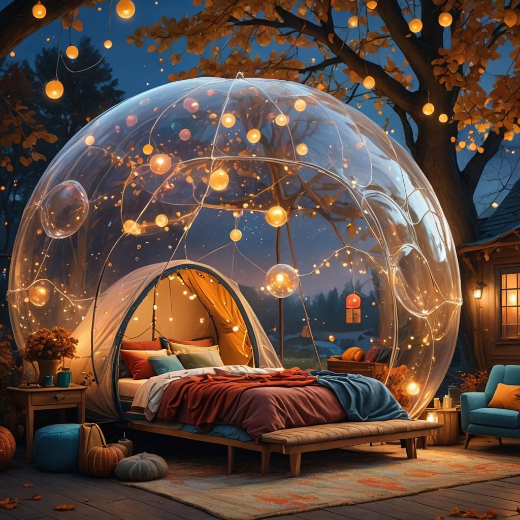 Bubble Tent Glamping Under Autumn Night Sky