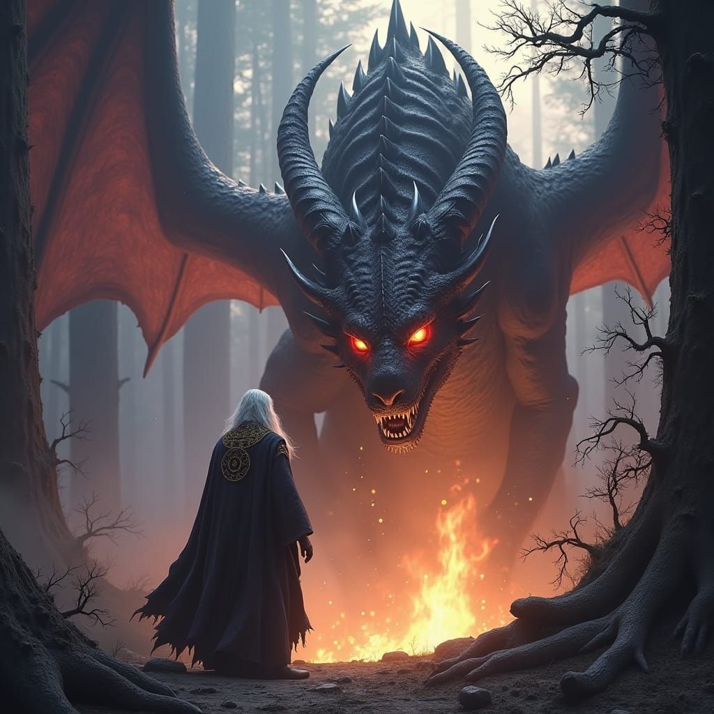 Elf Mage and Dragon in Dark Fantasy Style