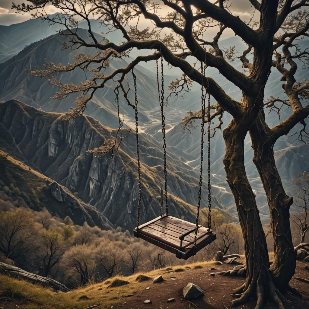 Lonely Swing on a Mountain Tree