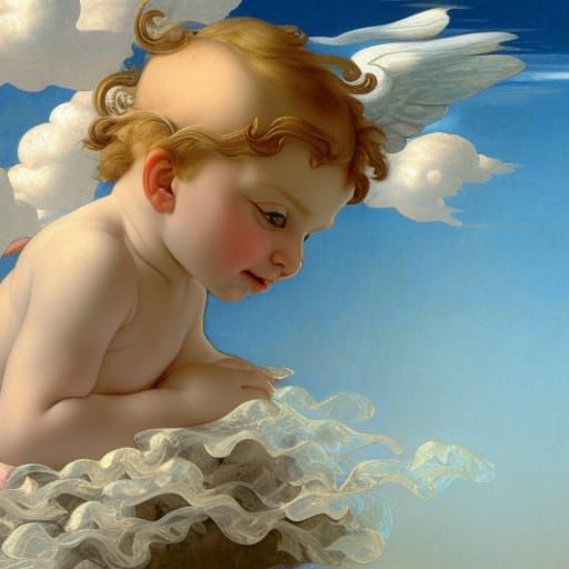 Cherubs in Sunglasses Floating on Cloud, Renaissance Style