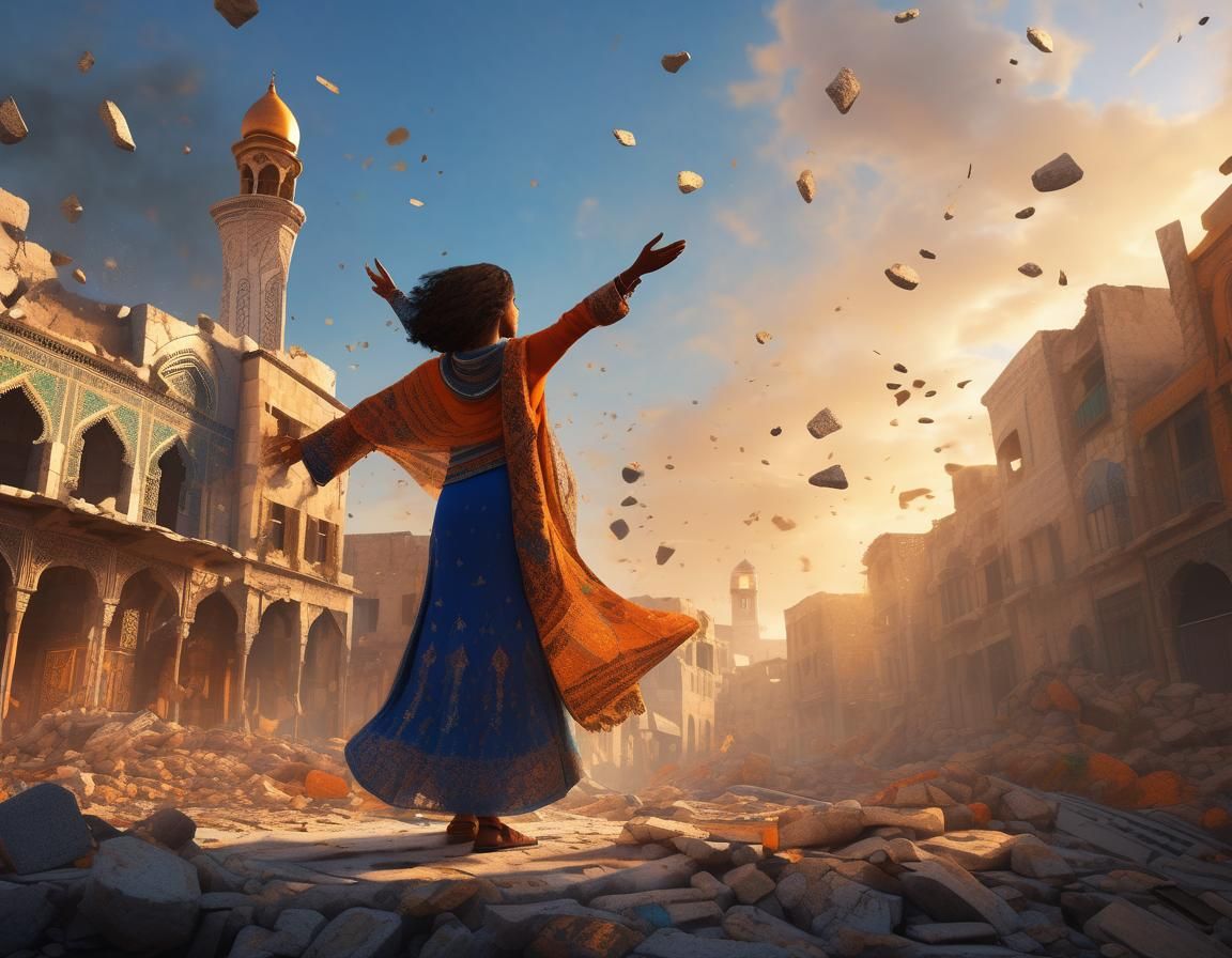 Palestinian Woman in War-Torn City, Fantasy Concept Art