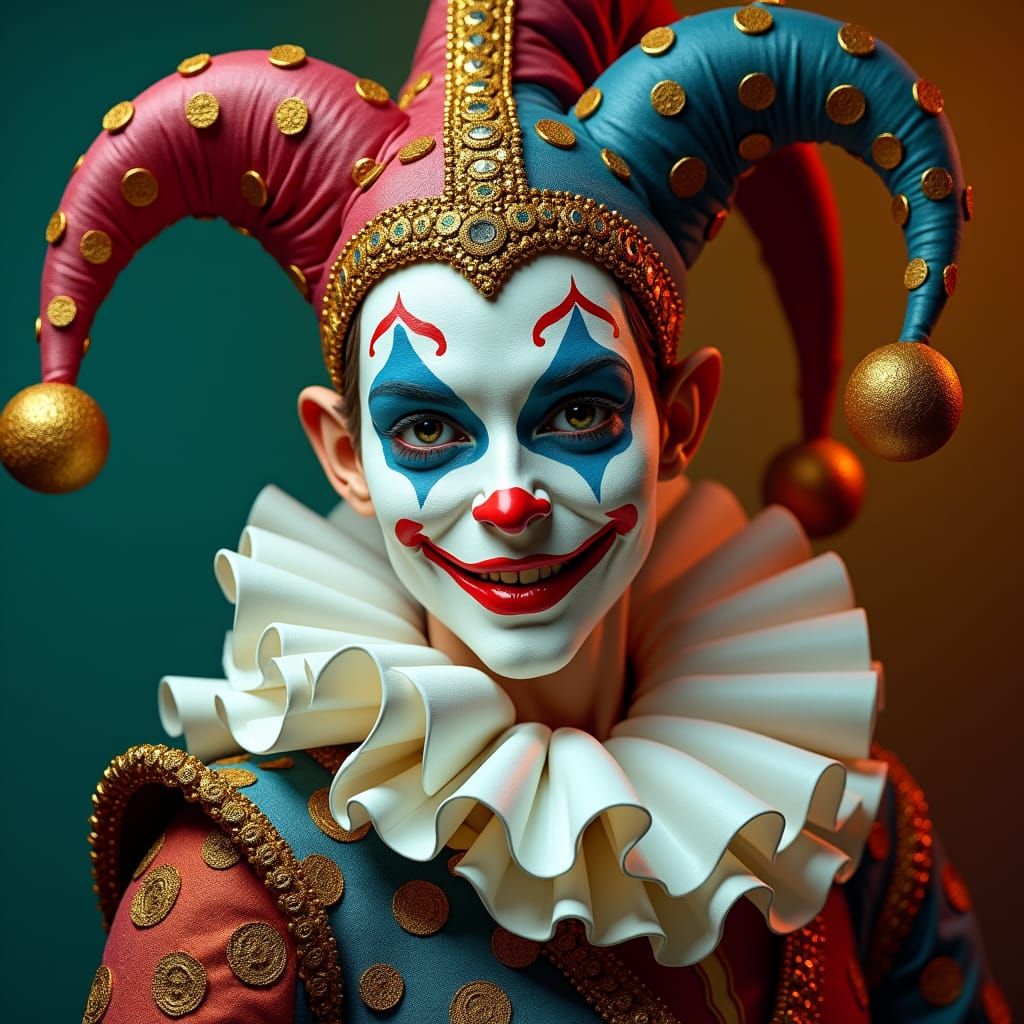 Ornate Jester with Mischievous Grin in Hyper-Realistic Style