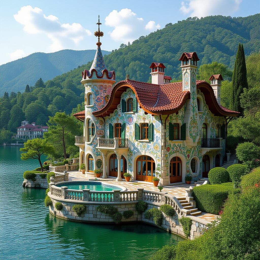 Surreal Lakeside Manor in Art Nouveau Style