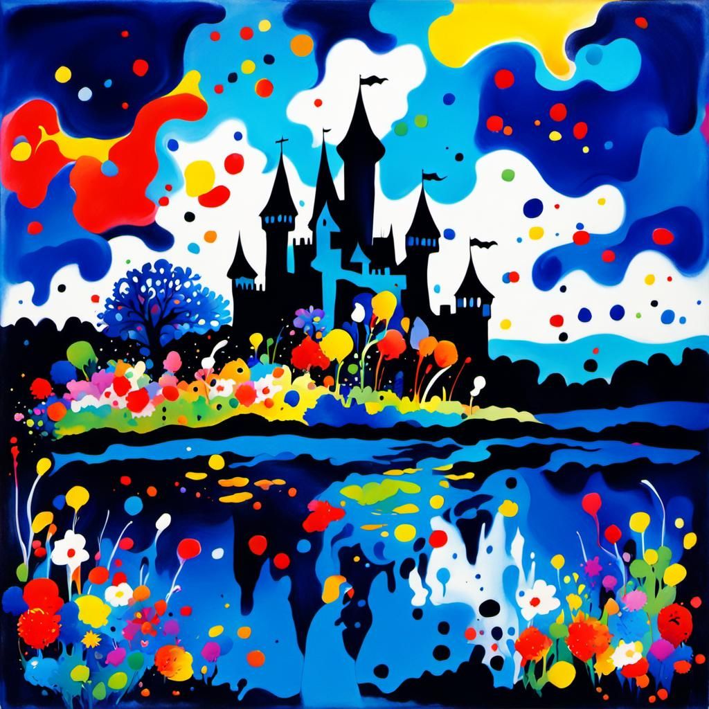 Abstract and Surreal Art: Using the ink splatter art technique, what appears to be a landscape is created, with a lake, ...