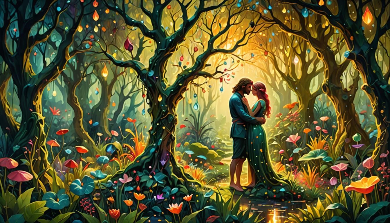 Adam and Eve in Surreal Garden Concept Art