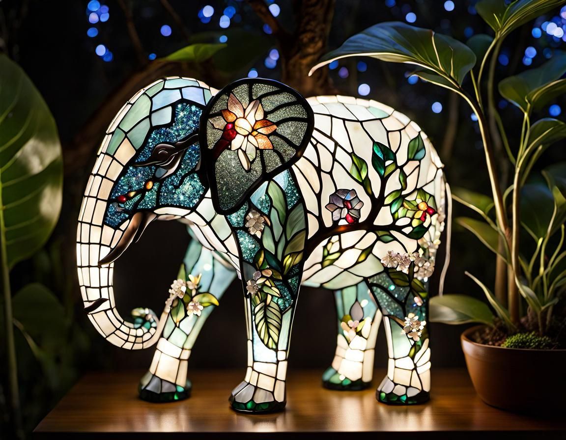 Stained Glass Elephant in Dreamy Jungle Scene