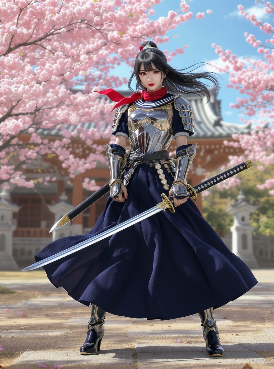 Cute Woman in Sailor Uniform With Metal Armor and Katana