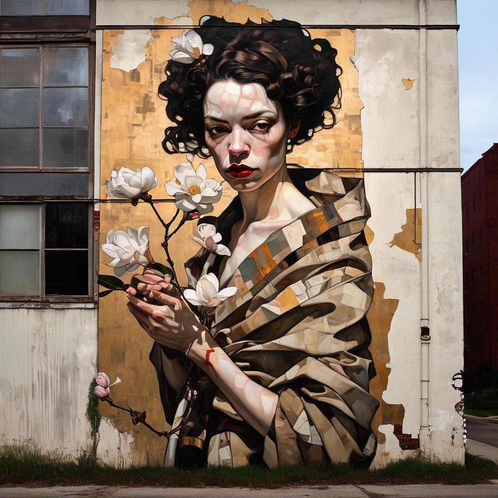 Magnolias in Urban Art Style Oil Painting