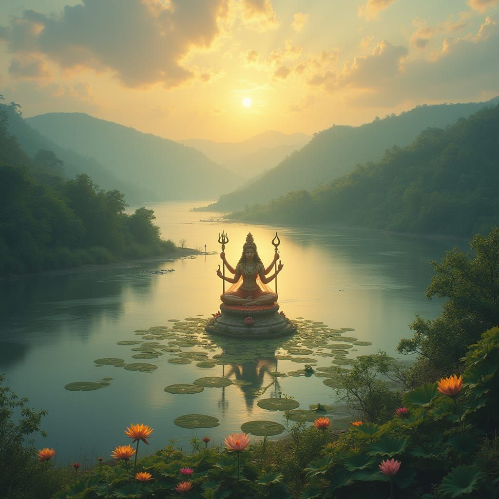 Narmada River Goddess in Serene Landscape