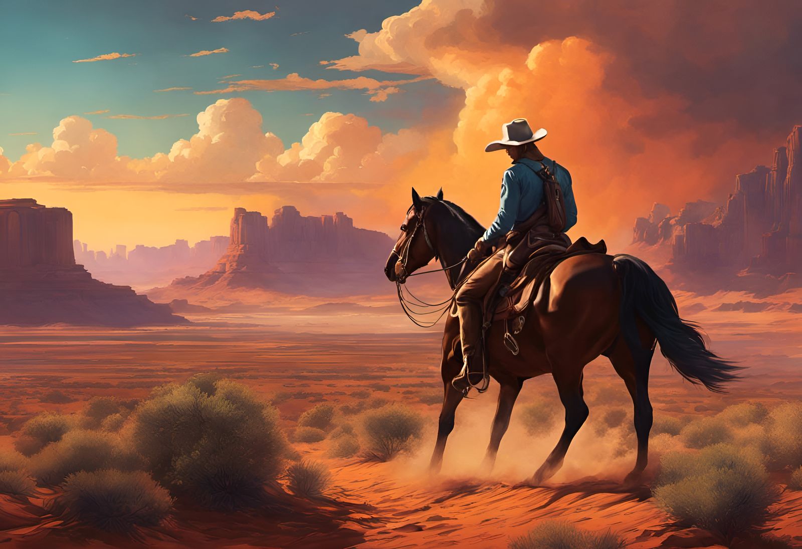 Cowboy in Desert, Borderlands Style Gouache Illustration