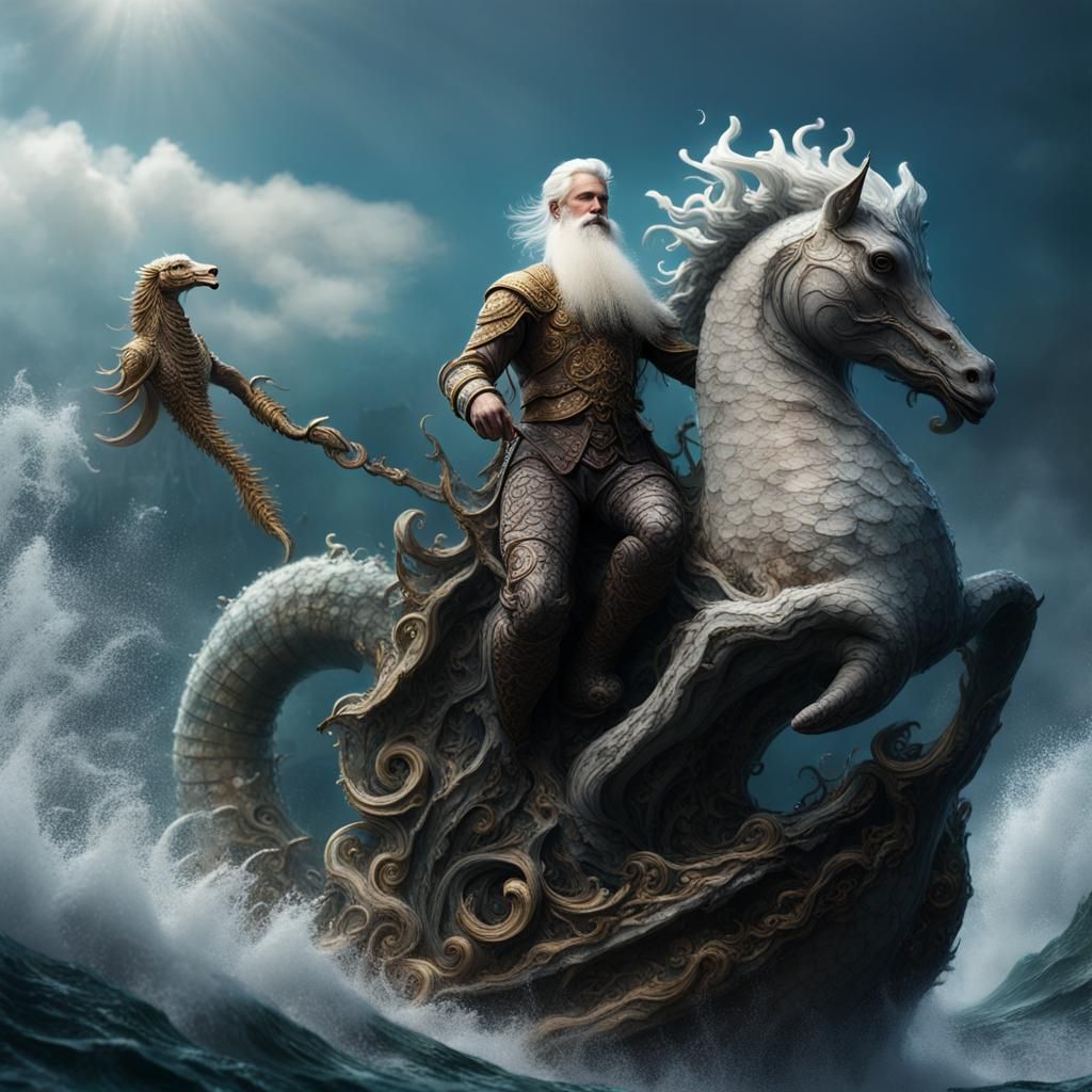 Poseidon on Giant Seahorse in Stormy Seas