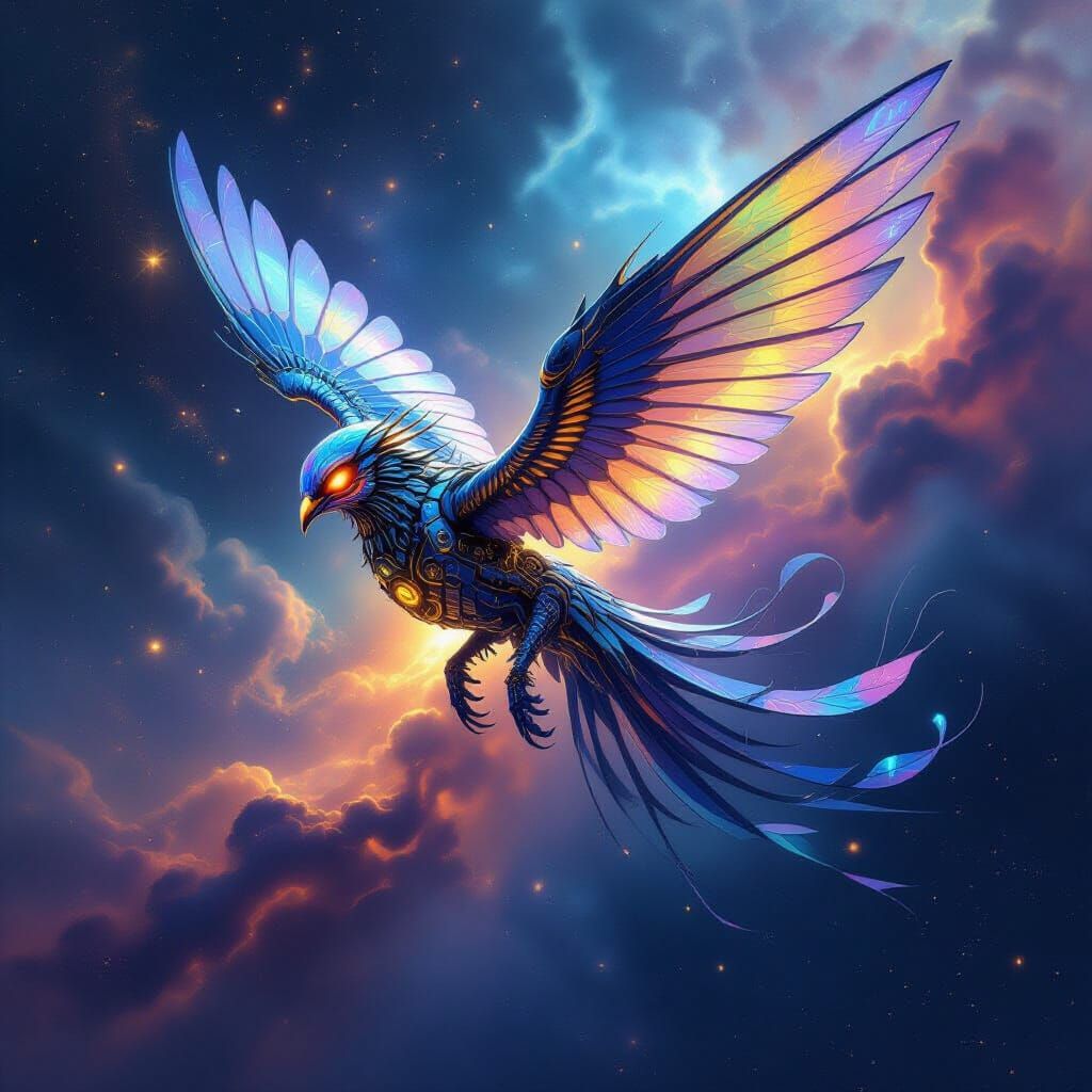 Biomechanical Fuzzledorf Soars Through Cosmic Nebula