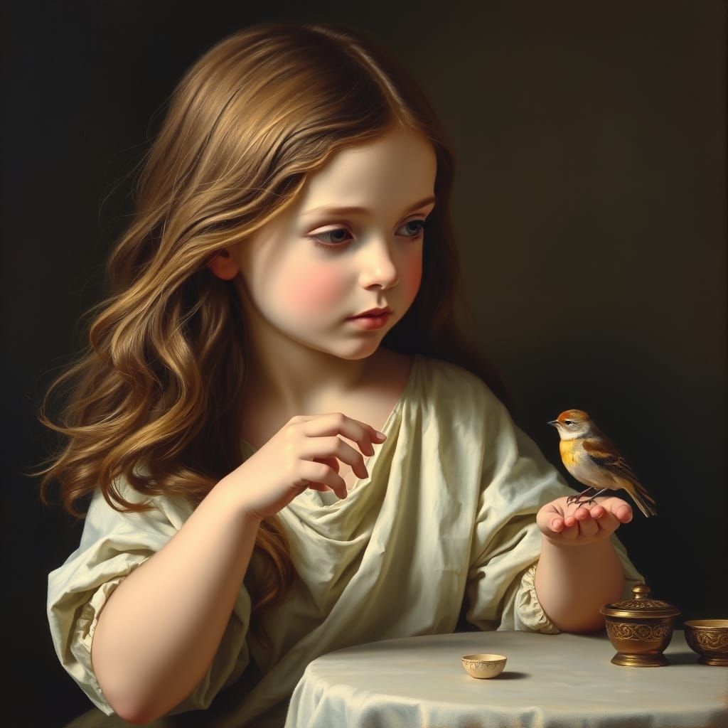 Young Girl Reaches for Bird in Classic Oil Painting