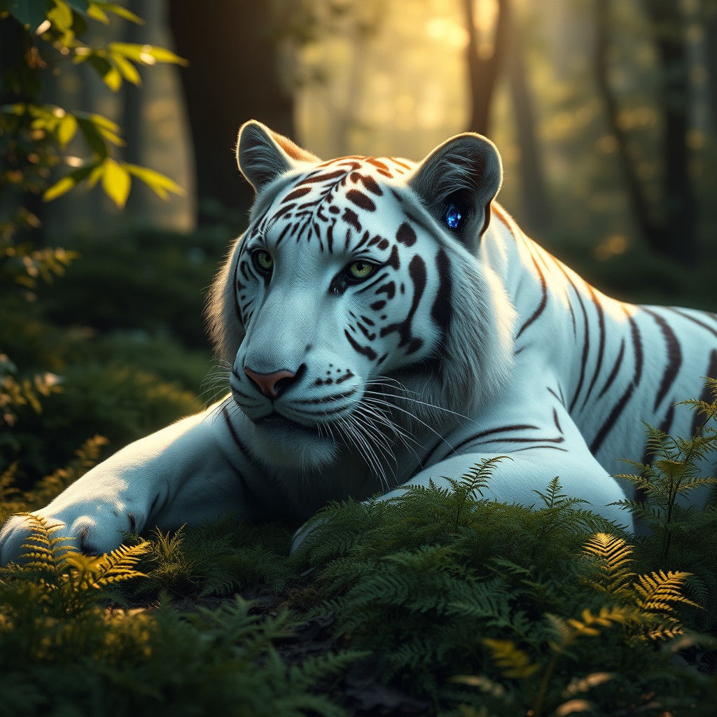 Heterochromatic White Tiger in Mystical Forest Setting
