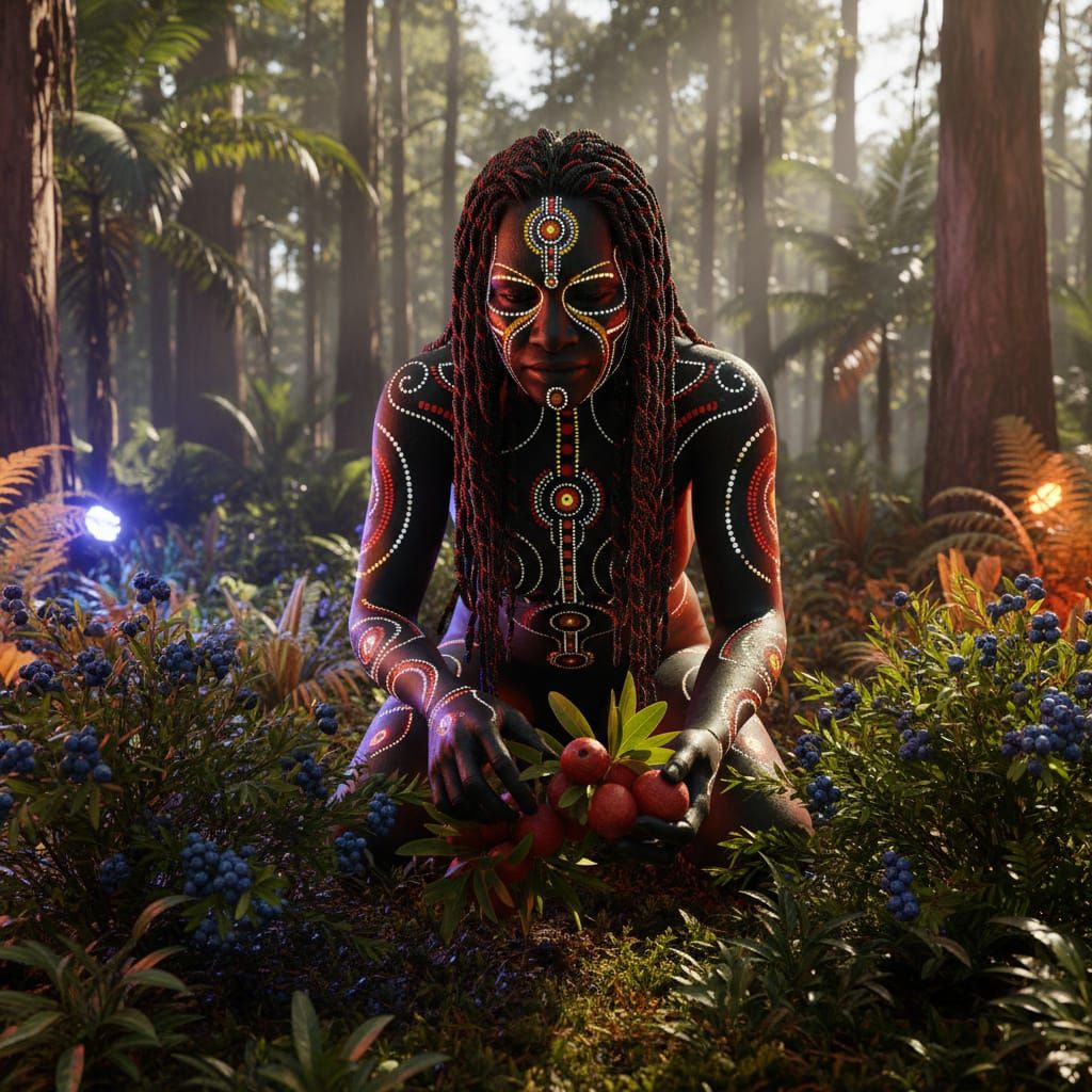 Aboriginal Android Gathering Bushfood in Rainforest