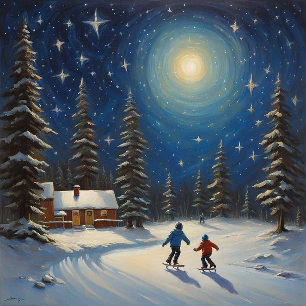 Stargazing Ice Skaters: Oil Painting