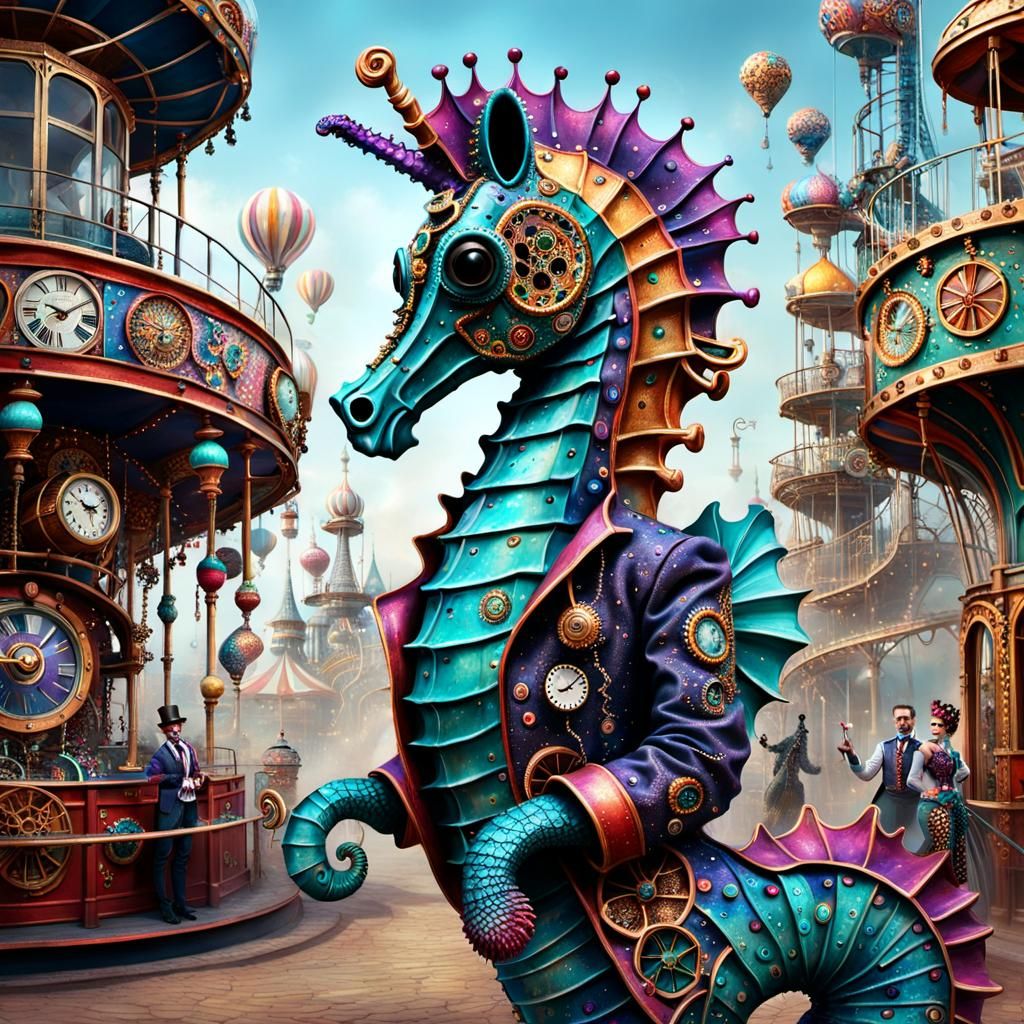 Steampunk Seahorse-Doctor in a Fantastical Amusement Park