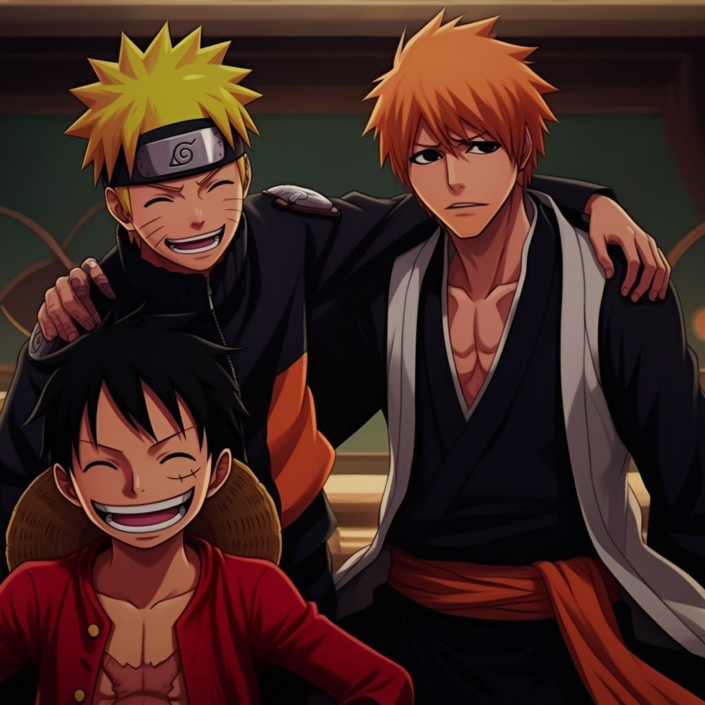 Anime Heroes Unite: Luffy, Naruto, Ichigo in Joyful Scene