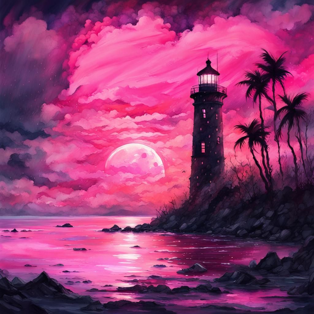 Pink Sunset Lighthouse Seascape in Watercolour Style