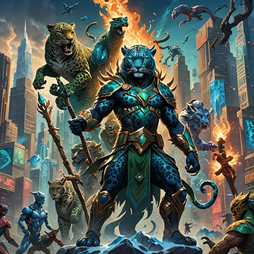 Leopard Shaman in a Luminous Cityscape