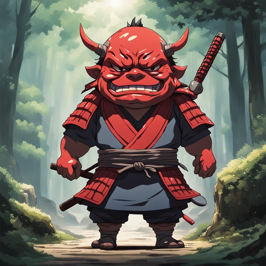Chibi Samurai with Ogre Mask in Anime Style