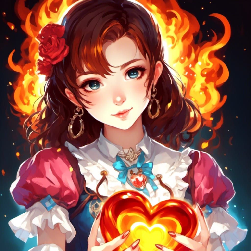 Kawaii Anime Girl Holding a Burning Heart