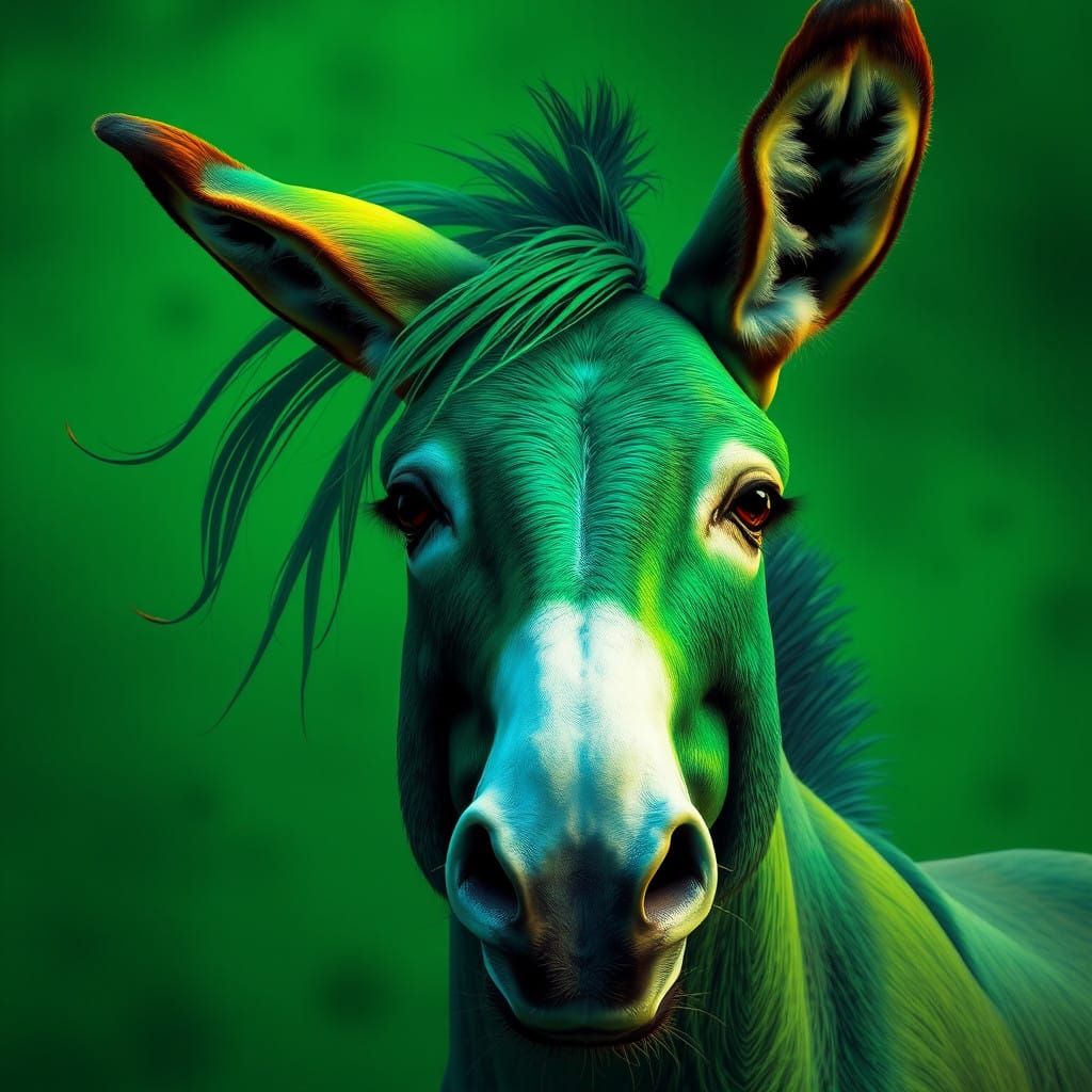 Ethereal Emerald Donkey Portrait in Art Nouveau Style