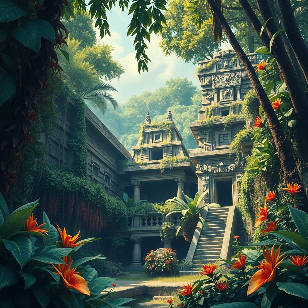 Lost Aztec Temple in Retro Sci-Fi Style