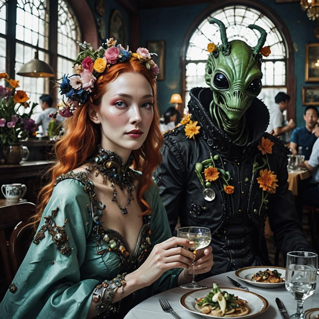 Surreal Restaurant Scene with Exotic Aliens