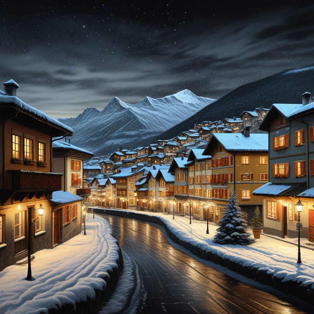 Ardez, Switzerland: Night Illumination in Charcoal Art