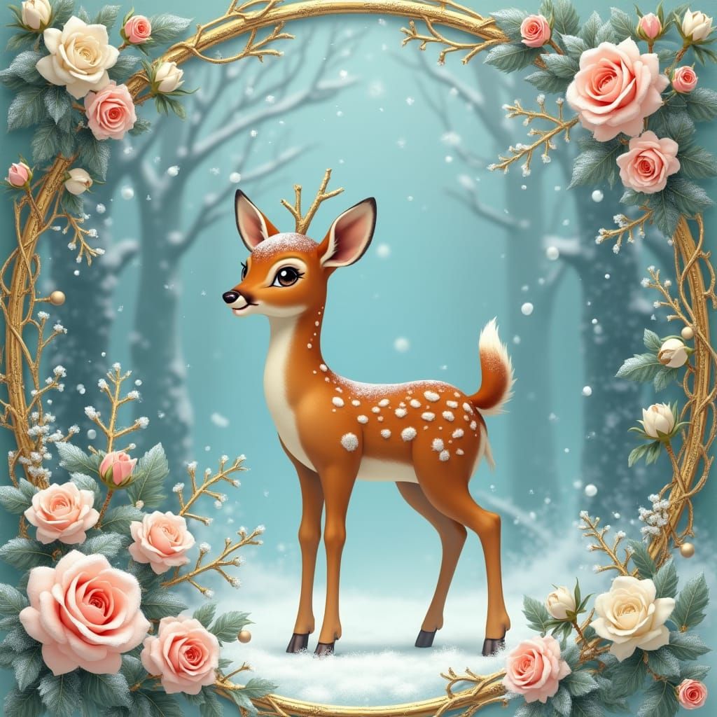 Dreamy Fawn in Winter Forest Vintage Postcard