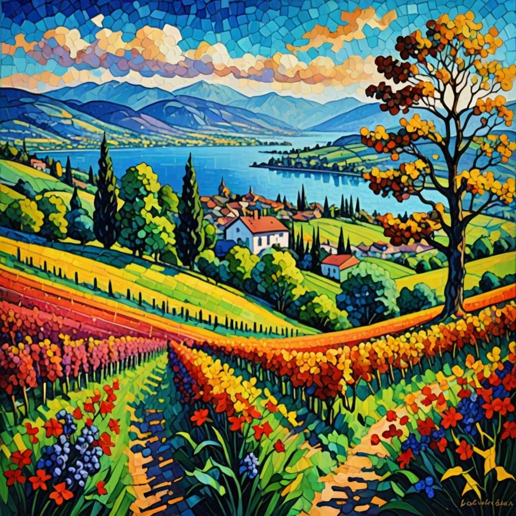 Vineyard Over Lake Geneva: A Neo-Impressionist Oil Painting