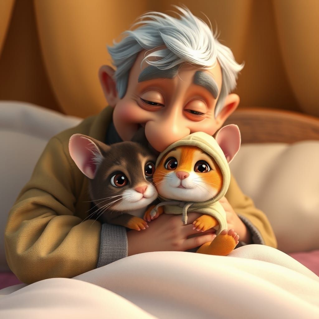Elderly Man and Persian Cat Embrace, Pixar Style