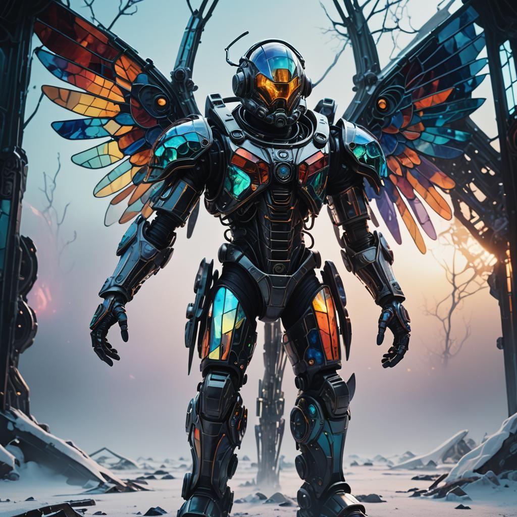 Biomechanical Astronaut with Stained Glass Wings in Wastelan...