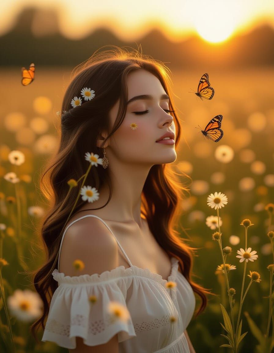 Woman in Wildflower Field at Golden Hour