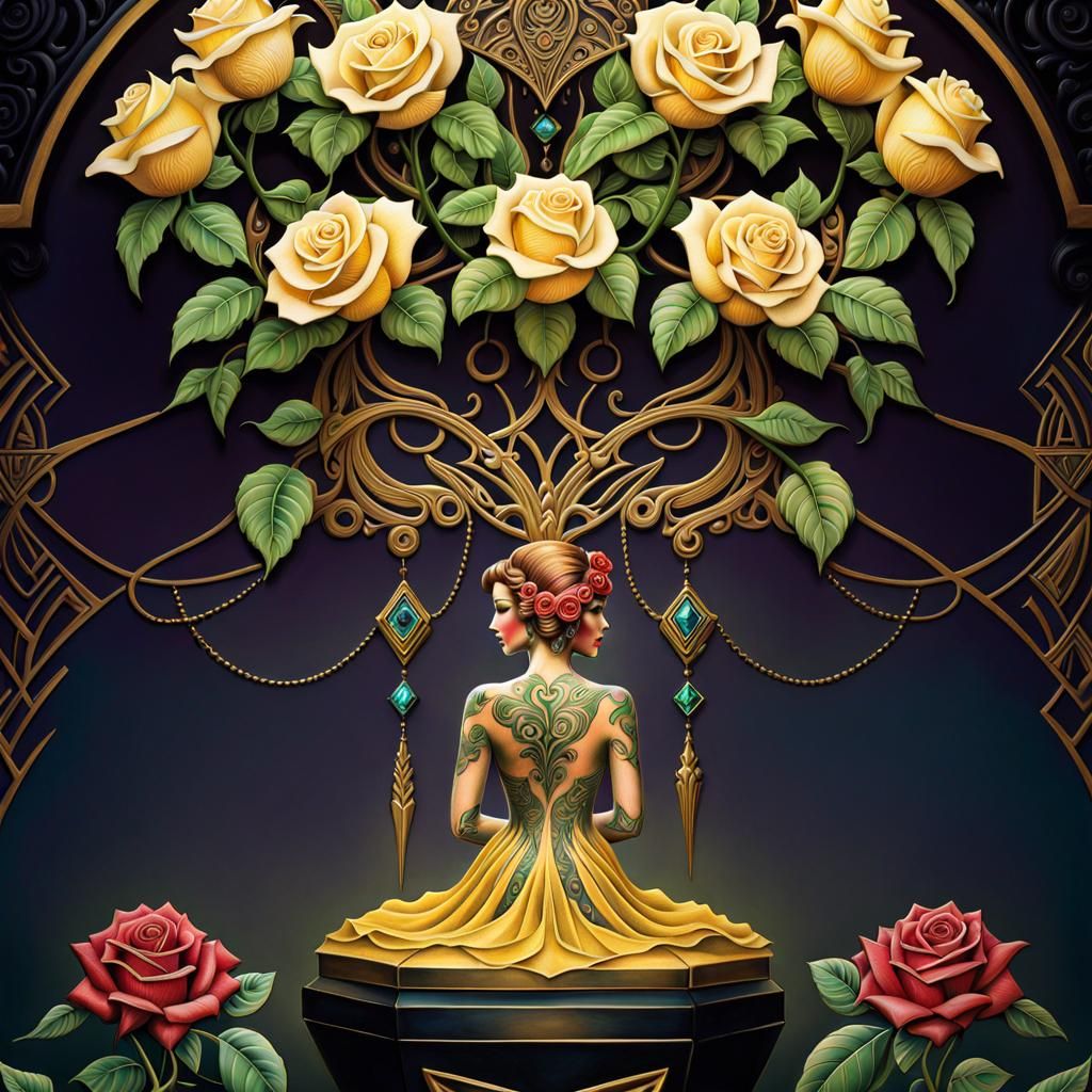 Art Deco Rose Tattoo with Puppy and Treasure