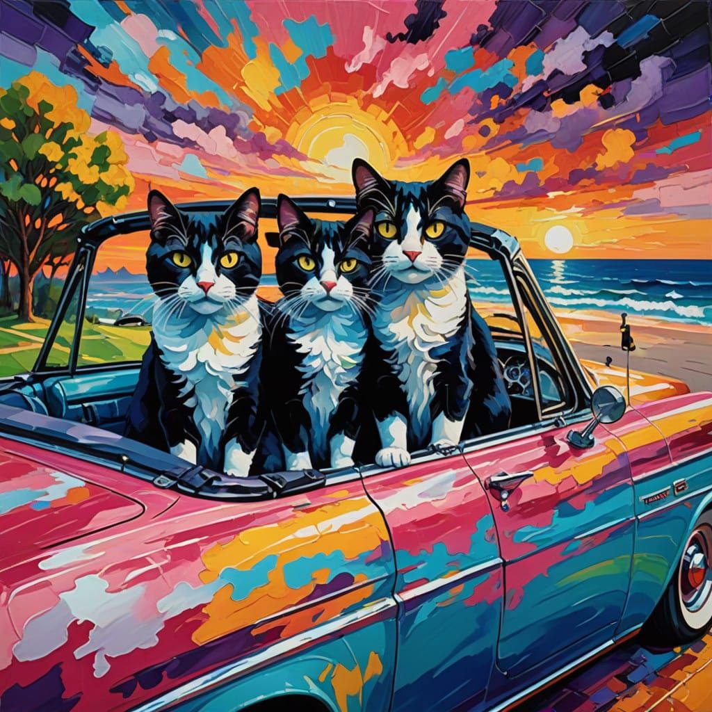 Cats in Impressionist Masterpiece by the Sea