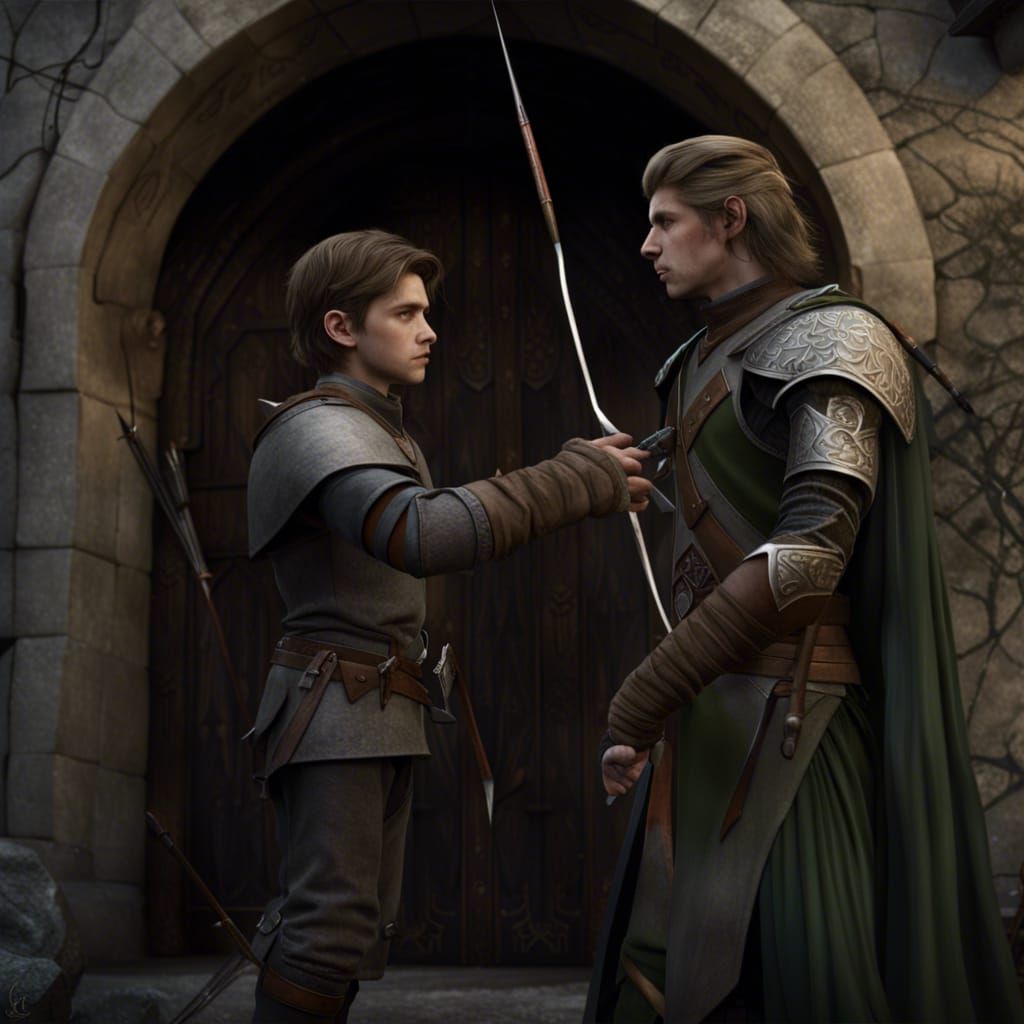 "Here, Akhorahil, wait! Father said to give you this." "His old bow! Thanks Ru." "Pleas be careful... Pleas come back." ...