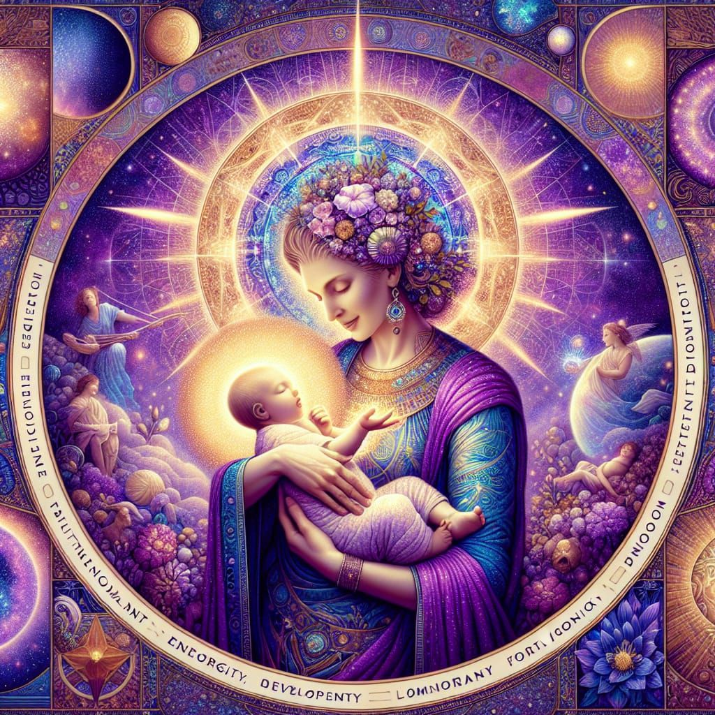 Cosmic Goddess Nurtures Radiant Baby in Vibrant, Pre-Raphael...